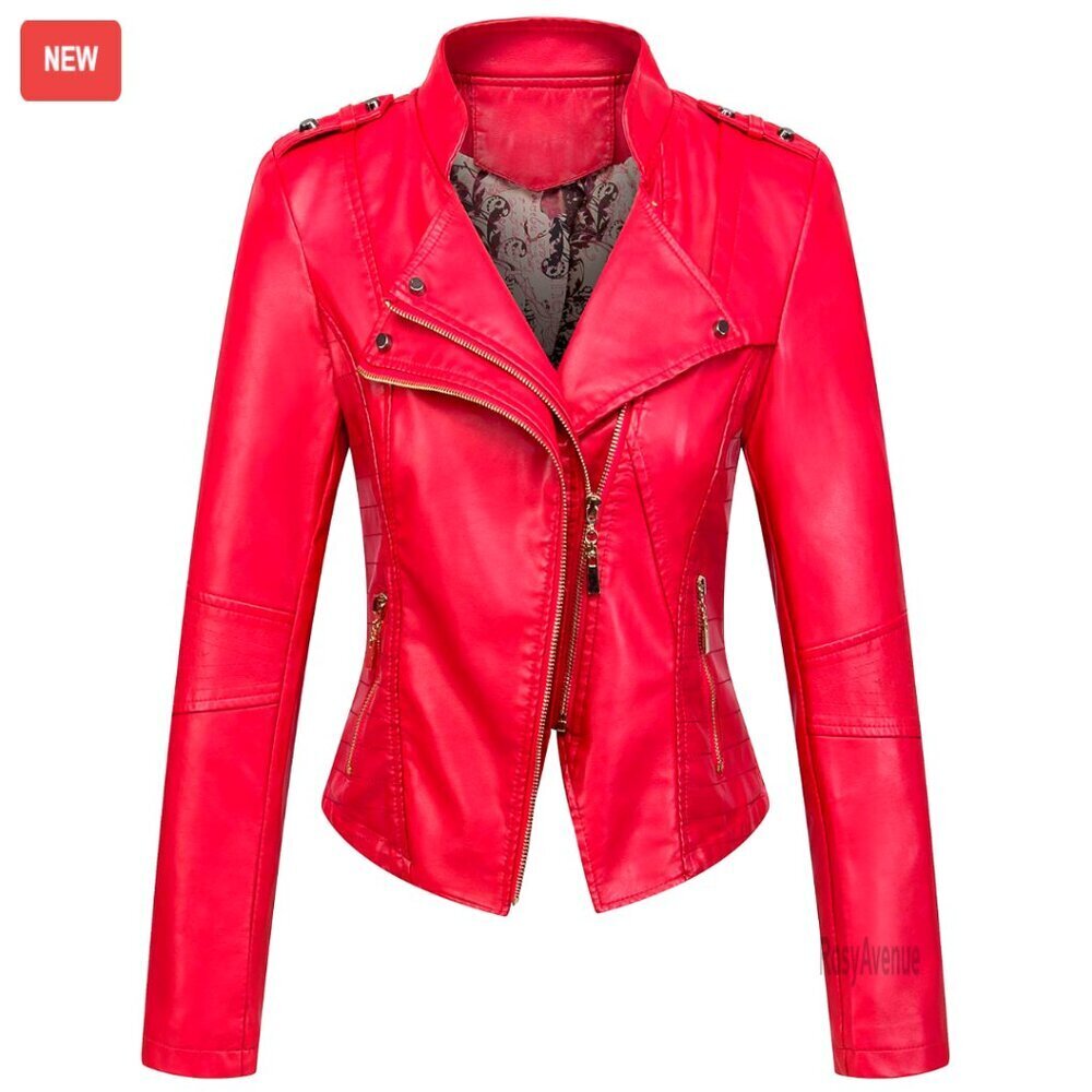 Faux Leather Cropped Moto Jacket with Asymmetric Zip Slim Fit